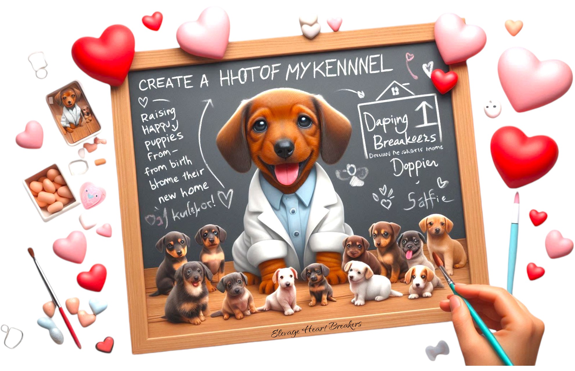 Montage photo réalisé par Heart Breakers qui reprend le titre de la naissance aux départs de nos chiots avec un tableau des coeurs des chiots 