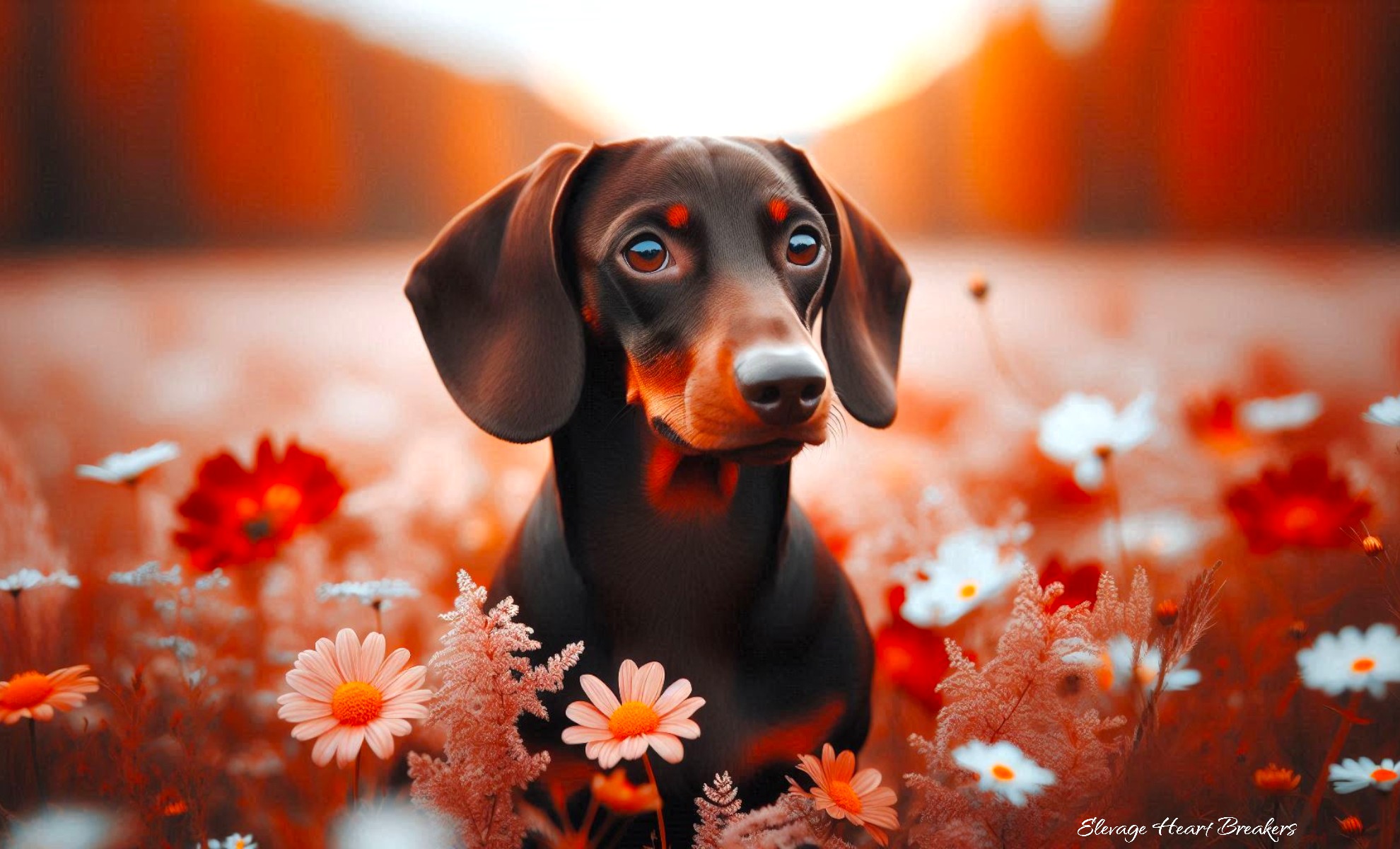 Chien Teckel de couleurs Marron et Feu qui s'amuse dans un champ de fleurs en saison Automnalemontage réalisé par Heart Breakers