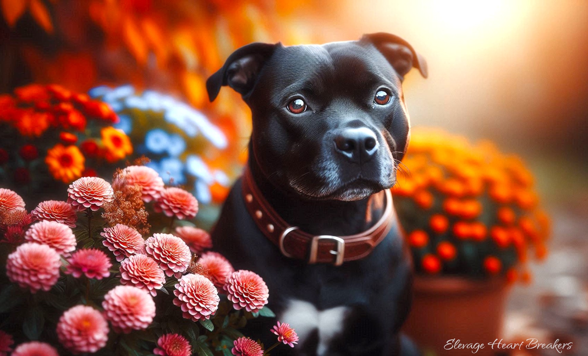 Staffordshire Bull Terrier dit Staffie de couleur Noire Pan Blanc qui attend sagement dans l'allée entouré de pots de fleurs réalisées par Heart Breakers