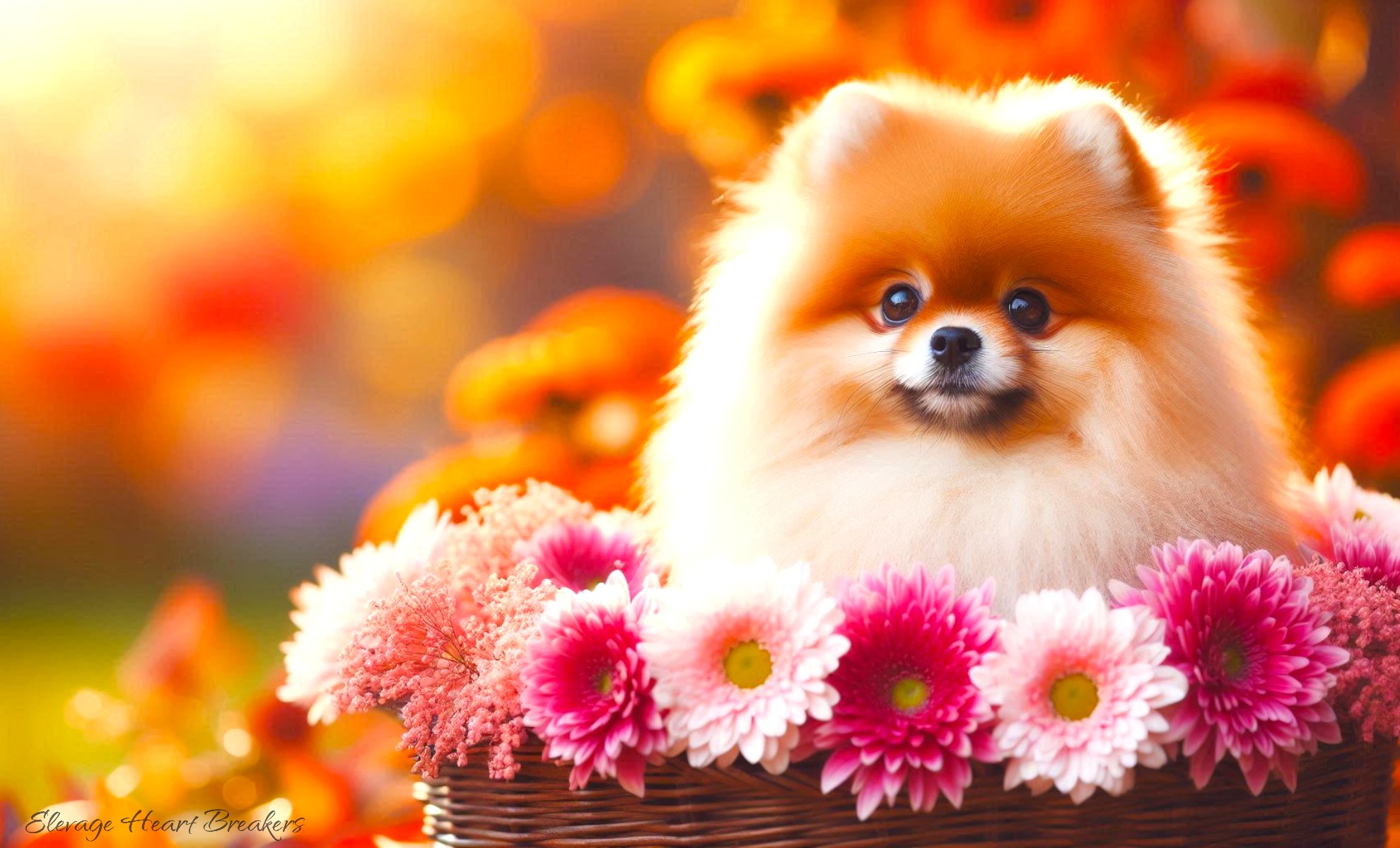 Image d'un Spitz Pomeranian de couleurs Sable et Crème bien installé dans un panier en osier entouré de jolies fleurs réalisé par Heart Breakers