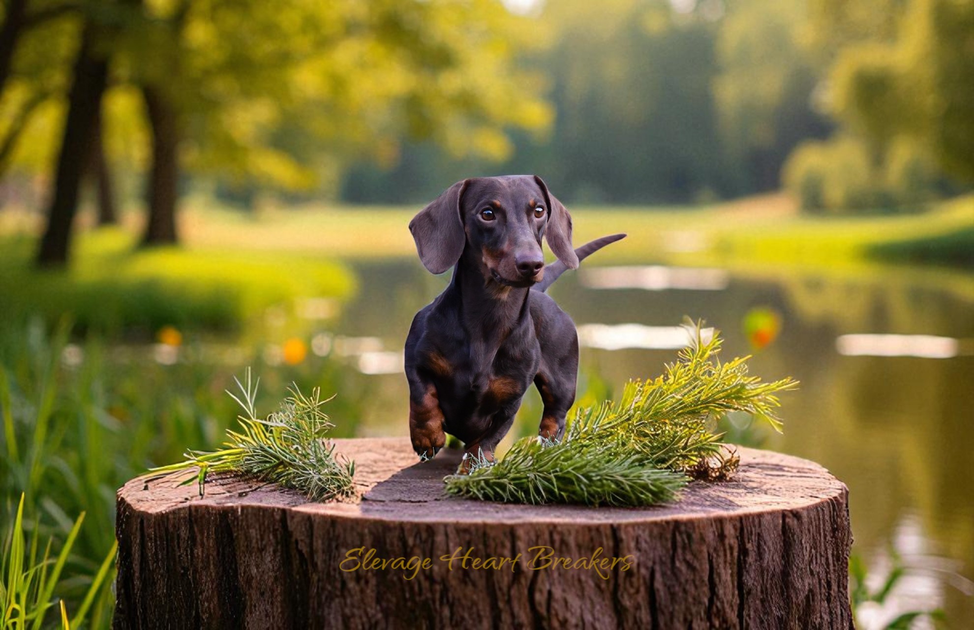 Teckel Chocolat et feu debout sur une souche en bois décorée de branches de sapin, avec un lac et une forêt en arrière-plan au coucher du soleil réalisé par Heart Breakers