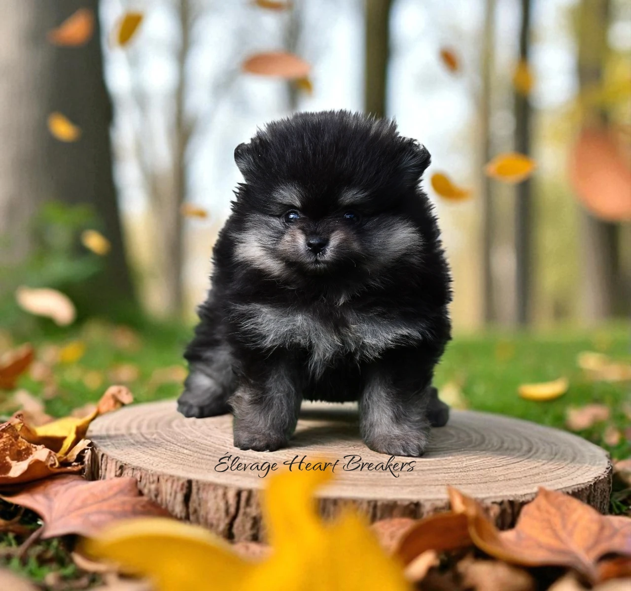 Angie chiot Spitz Nain Poméranien black and tan statique debout — pelage dense LOF — Élevage Heart Breakers