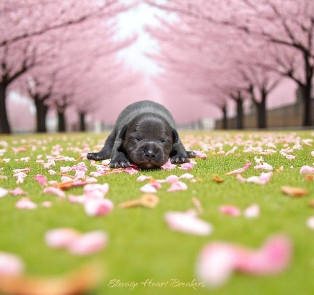 Petit chiot Mâle (2) Staffordshire Bull Terrier bleu pan blanc couché sur une allée bordée de cerisiers en fleurs roses, fait par Élevage Heart Breakers