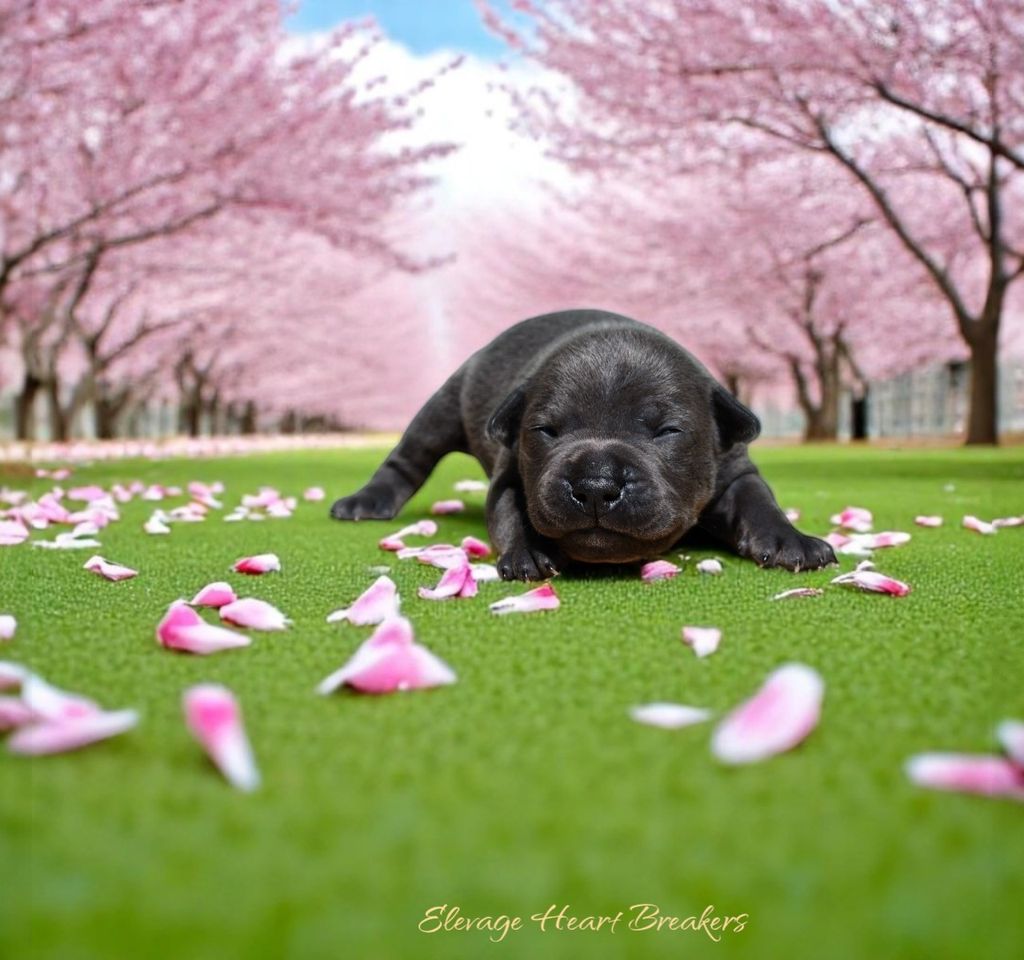 Petit chiot Mâle (4) Staffordshire Bull Terrier bleu pan blanc couché sur une allée bordée de cerisiers en fleurs roses, fait par Élevage Heart Breakers