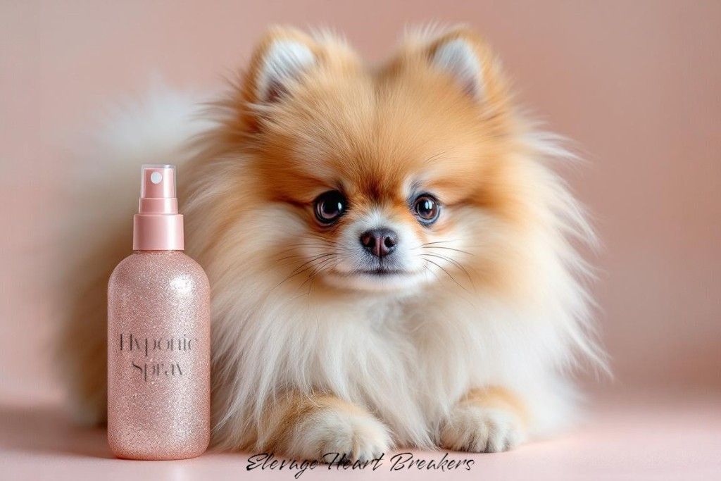 photo de l'article Guide Expert Du Pelage Spitz Poméranian Spitz nain Poméranian au pelage soyeux assis à côté d’un spray de toilettage rose pailleté de marque Hyponic, soin du pelage chien, beauté canine, toilettage Spitz crée par Elevage Heart Breakers