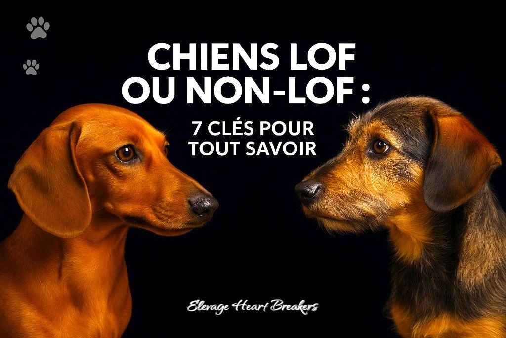 photo de l'article Chiens LOF ou non-LOF : 7 clés pour tout savoir Comparaison entre chiens LOF et non-LOF, tout savoir en 7 points, deux teckels face à face sur fond noir crée par Elevage Heart Breakers
