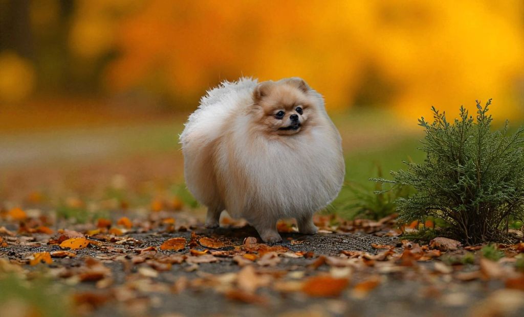 Photo de Spitz Mâle nain Pomeranien à poil long dans un paysage automnal, petit chien au pelage fauve et blanc, animal de compagnie élégant sur fond de feuilles d'automne crée par Heart Breakers