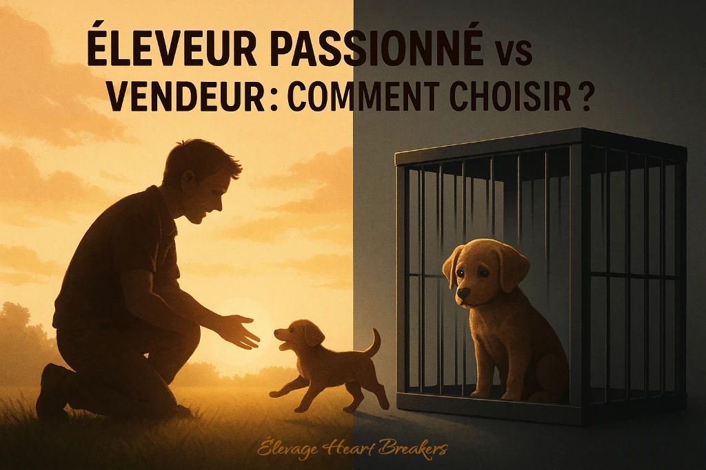 Éleveur passionné vs vendeur de chiots, comment choisir un bon élevage de chiens éthique et responsable, chiot heureux avec son éleveur, contraste entre amour animal et élevage industriel crée par Heart Breakers