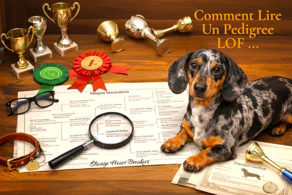 Guide pour lire un pedigree LOF : un chien Teckel à côté d'un arbre généalogique canin avec loupe, coupes de concours et certificats de champion crée par Heart Breakers