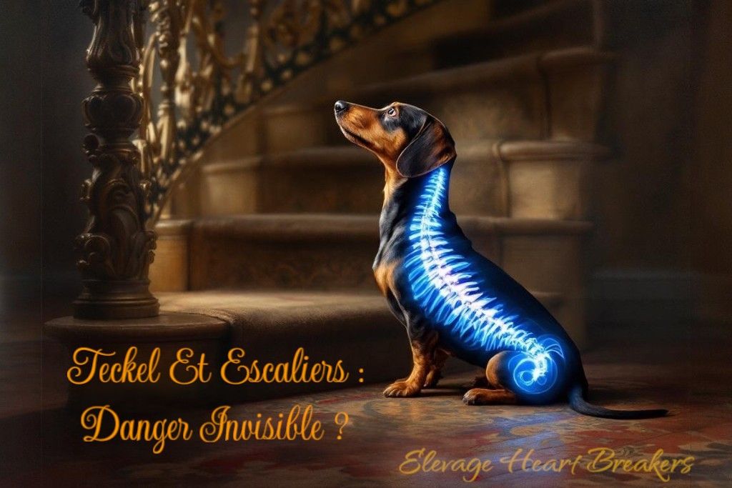 Teckel Dachshund face aux escaliers — risque de hernie discale IVDD et problèmes de dos — Élevage Heart Breakers