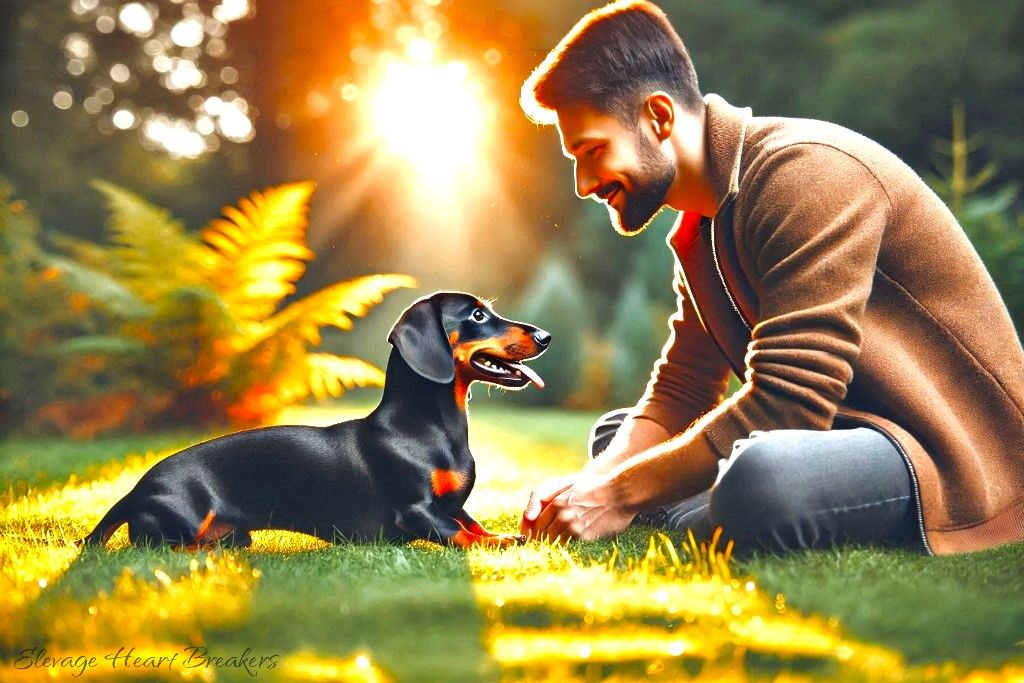 Maître avec son chien calme — éducation canine pour arrêter les aboiements — astuces et conseils — Élevage Heart Breakers