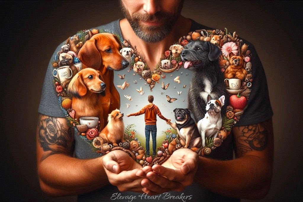 Homme entouré de chiens de race — guide complet tout savoir sur les chiens, éducation, soins et adoption — Élevage Heart Breakers