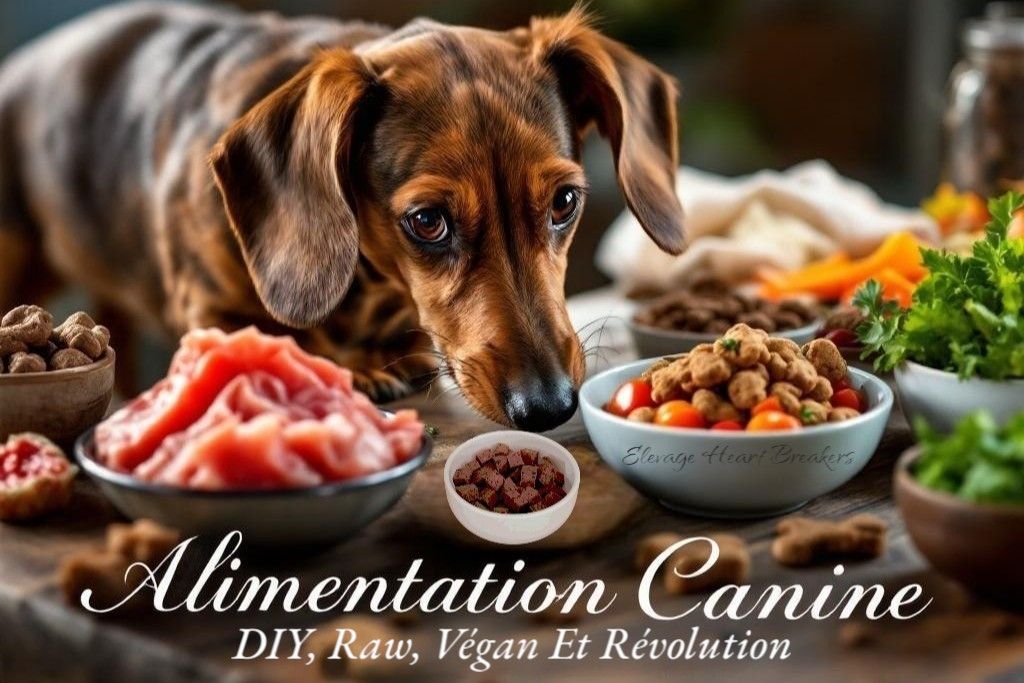 Teckel à poil ras devant des aliments naturels — viande crue raw, légumes frais et alimentation vegan canine — Élevage Heart Breakers
